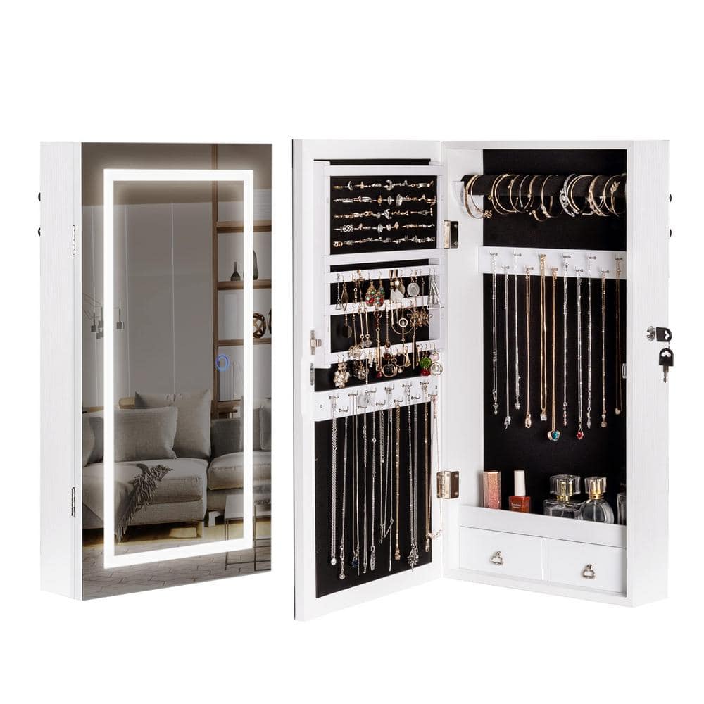 26.4 in. White Jewelry Armoire, Mounted Mirror Cabinet w/ 3 Color Lights, Full-Length Mirror & Bottom Drawers price history on PriceWatchPro