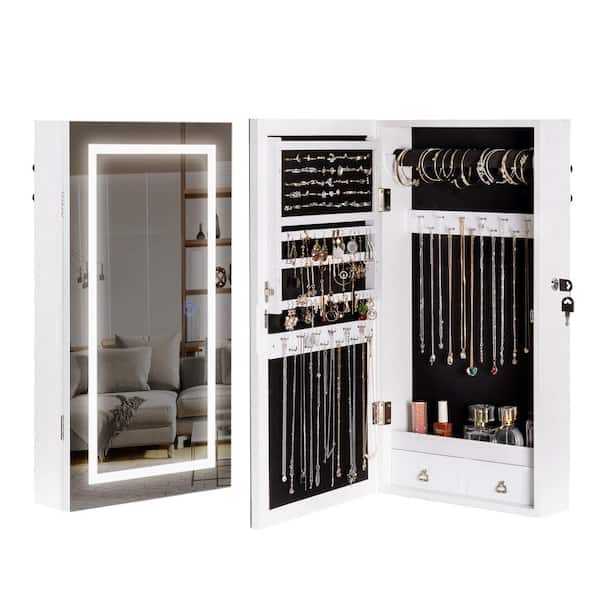 Afoxsos 26.4 in. White Jewelry Armoire, Mounted Mirror Cabinet w/ 3 Color Lights, Full-Length Mirror & Bottom Drawers