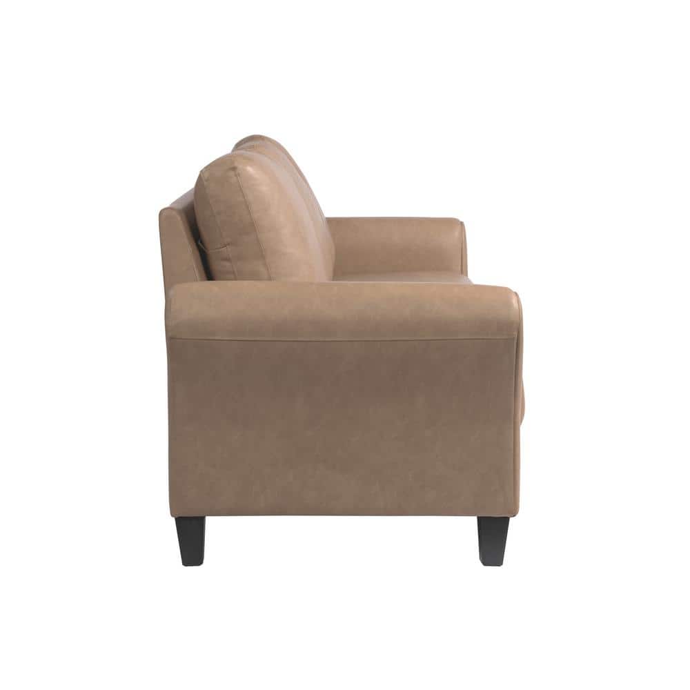Brown Faux Leather Sofa with Rolled Arms and Wood Legs