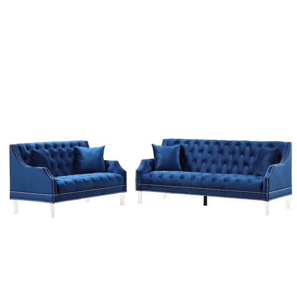 Morden Fort 2-Piece Blue Living Room Couches Fabric Dutch Velvet, Loveseat, Sofa Top