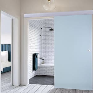 38 in. x 84 in. Full Lite Tempered Frosted Glass Unfinished Solid Core Glass Barn Door Slab with Hardware Kit