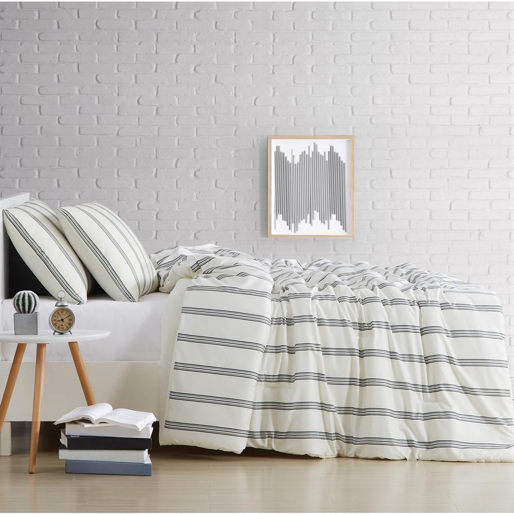 King Black and White Microfiber Striped Bedding Set