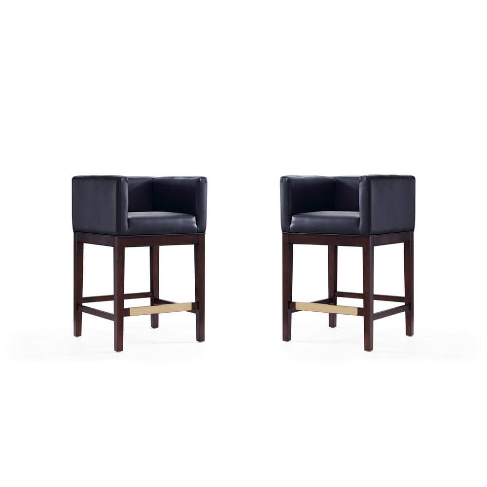 Kingsley 34" Black Faux Leather and Dark Walnut Wood Counter Stool (Set of 2)