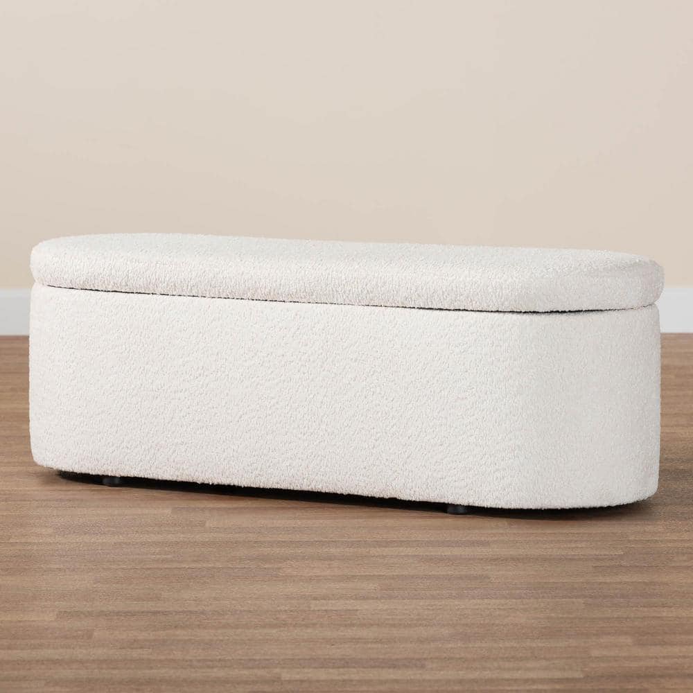Lavina White Teddy-Bear Fabric Storage Bench with Wooden Legs