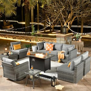 Daffodil C Gray 10-Piece Wicker Patio Fire Pit Conversation Sofa Set with Swivel Rocking Chairs and Dark Gray Cushions
