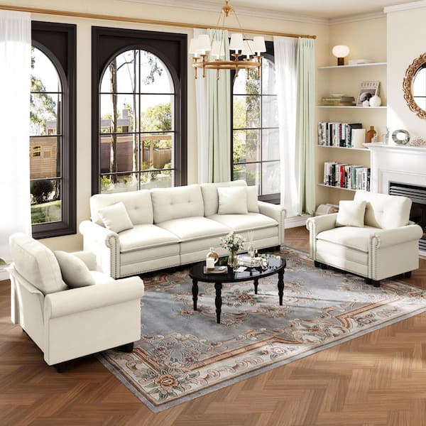 113.8 in. Roll Arm 5-Seat Chenille Modular Sectional Sofa in. Beige with Throw Pillows