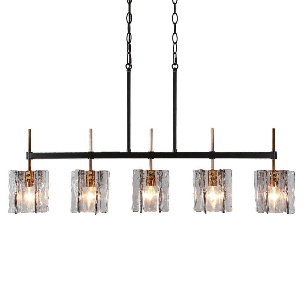 Kasy 5-Light Black and Brass Linear Chandelier with Smoke-Gray Glass