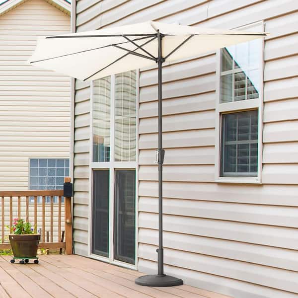 Beige Iron 9 ft. Half Round Outdoor Patio Umbrella with Crank, Weather-Resistant Polyester Fabric