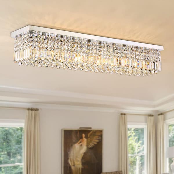 47 in. 10-Light Metal Silver Crystal Rectangular Chandelier for Living Room