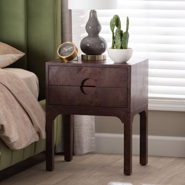 Kayla Dark Walnut Real Burl Wood 2-Drawer Nightstand