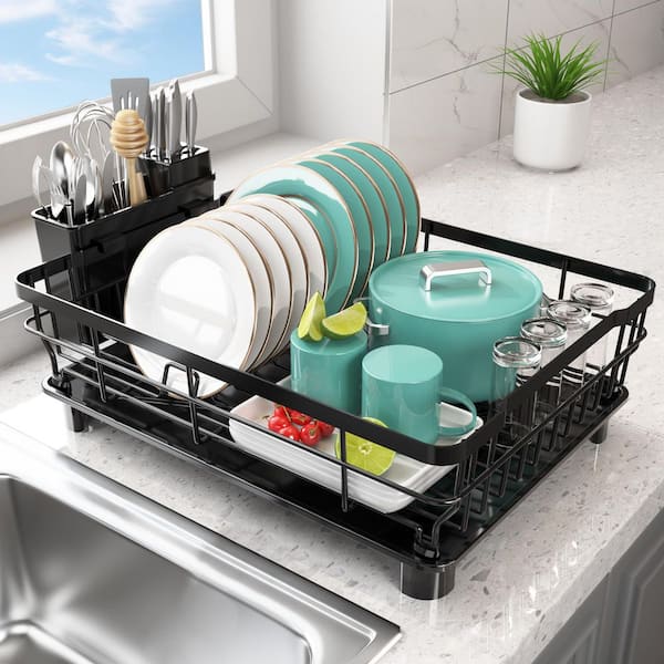 Black Space Saving Dish Rack with Drainboard, Rustproof Dish Drainer and Removable Utensil Holder