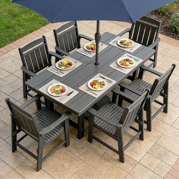 big gray umbrella patio table set 6 Innovaze 7-Piece Gray HDPE Plastic Outdoor Dining Set, Extra Large Table  with Umbrella Hole and 6 Slat Back Chairs HD-EX071-G+DC002SL-G*6