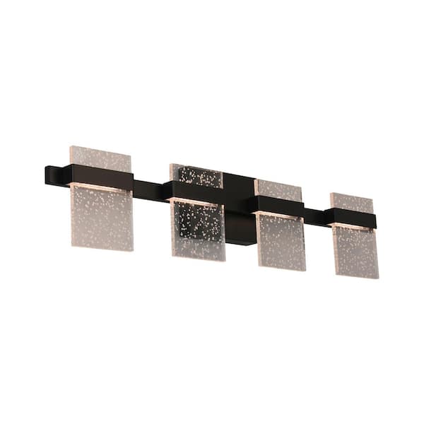 Madrona 30.75 in. W x 7.12 in. H 4-Light Black Integrated LED Bathroom Vanity Light with Clear Seedy Acrylic Shades