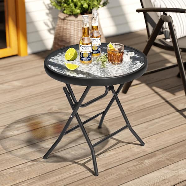 Crestlive Products Black Square Metal Folding Glass Side Table