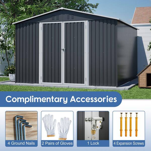 Zeus & Ruta 10 ft. W x 10 ft. D Black Metal Shed with Lockable