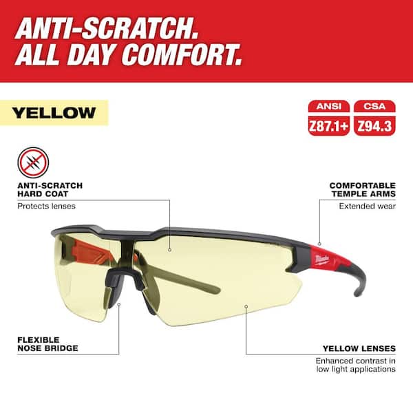 Safety Glasses with Yellow Anti-Scratch Lenses (4-Pack)