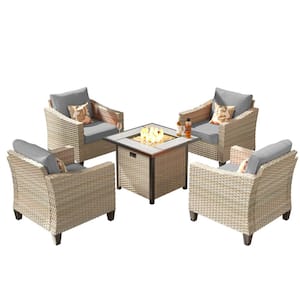 Oconee Beige 5-Piece Modern Outdoor Patio Conversation Sofa Seating Set with a Fire Pit and Dark Grey Cushions