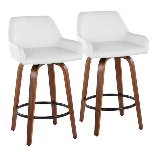 Lumisource Daniella 25.5 in. White Faux Leather, Walnut Wood and Black Metal Fixed-Height Counter Stool (Set of 2)