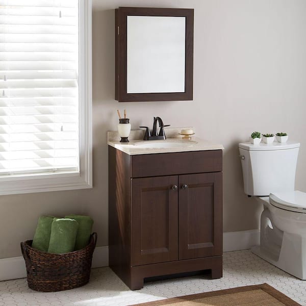 Glacier Bay Aspen 24 in. W x 18 in. D x 36 in. H Single Sink Bath Vanity in Truffle with White Cast Polymers Top and Mirror
