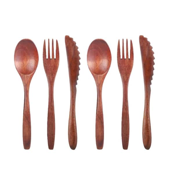 6-Piece Natural Phoebe Wood Cutlery Set, Reusable Wooden Spoon Fork and Knife Flatware for Home Dining