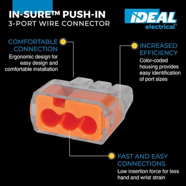 In-Sure Push-In Wire Connector, 3-Port, Bag of 10