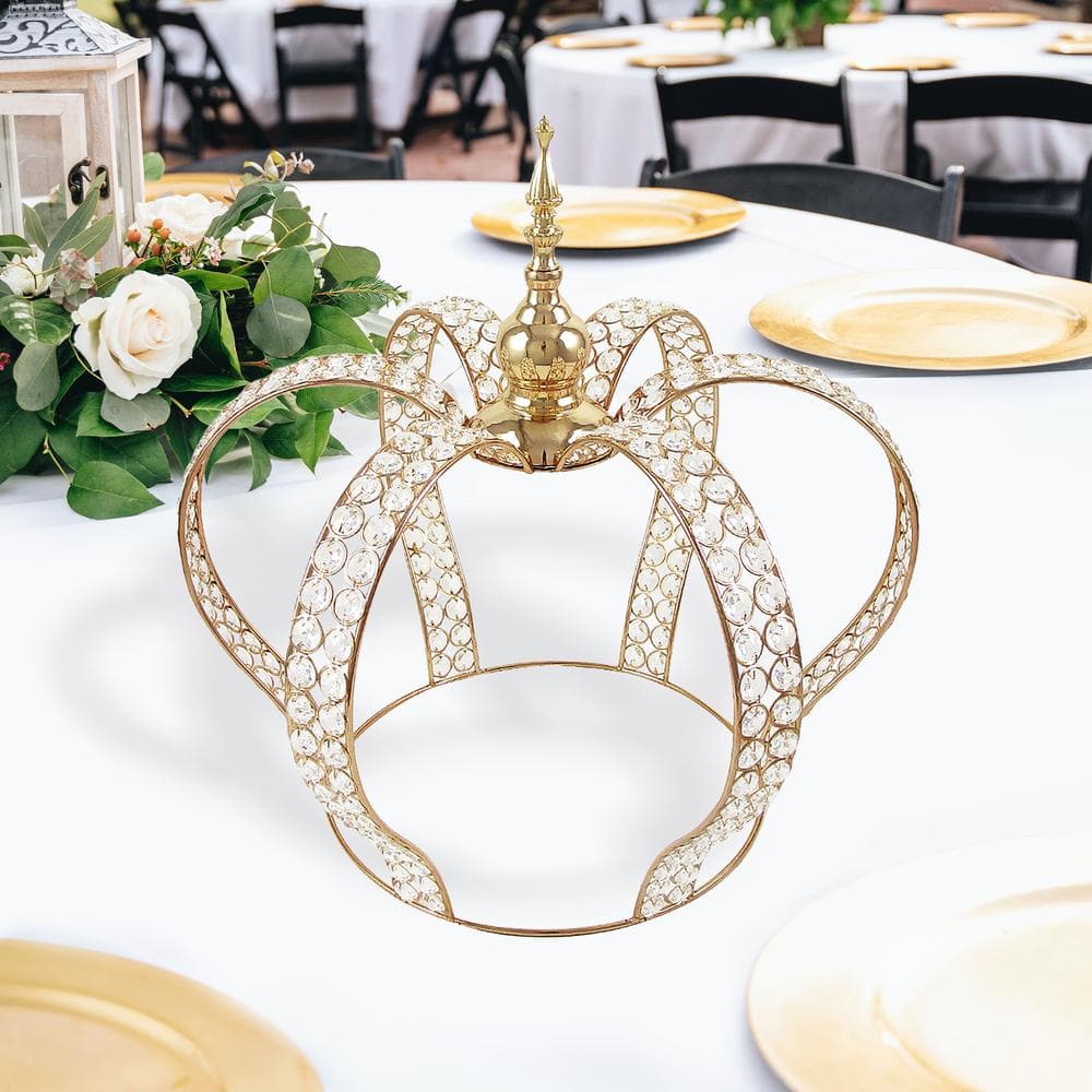 Large Gold Table Decor Decorative Crown Crystal Bead Metal Accent Piece 17.5 in.