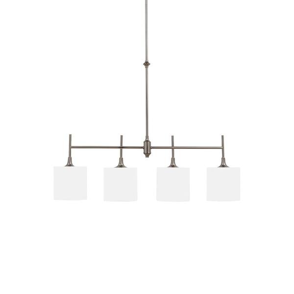 Generation Lighting Stirling 37 in. W 4-Light Brushed Nickel Island Pendant with White Linen Drum Shades and Etched Glass Top Diffusers