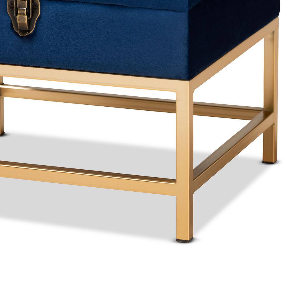 Navy Blue Velvet Tufted Storage Ottoman with Gold Metal Legs