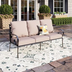 Black Metal Frame Outdoor Patio 3 Seat Sofa Couch With Beige Cushions