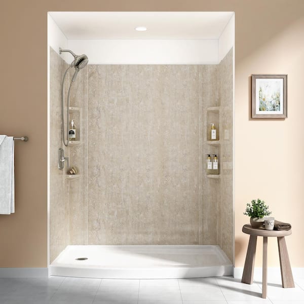 Ovation 32 in. x 60 in. x 72 in. 5-Piece Glue-Up Alcove Shower Wall Set in Sand Travertine