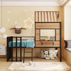 Playhouse Black Twin Size Loft Bed for Kids, Metal Low Loft Bed with Wood Roof and Window, Fence-Shaped Guardrail