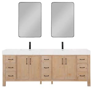 León 84 in.W x 22 in.D x 34 in.H Double Sink Bath Vanity in Fir Wood Brown with White Composite Stone Top and Mirror