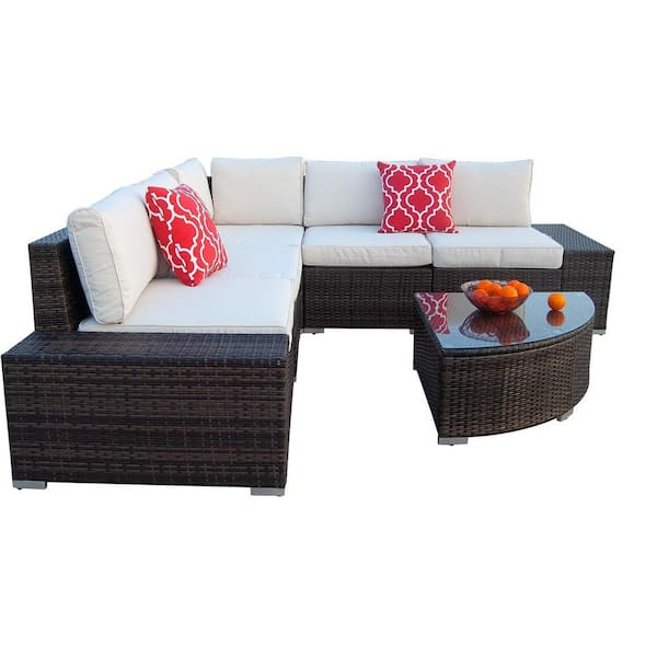 VIWAT 6-Piece Wicker Outdoor Sectional Set with Beige Cushion