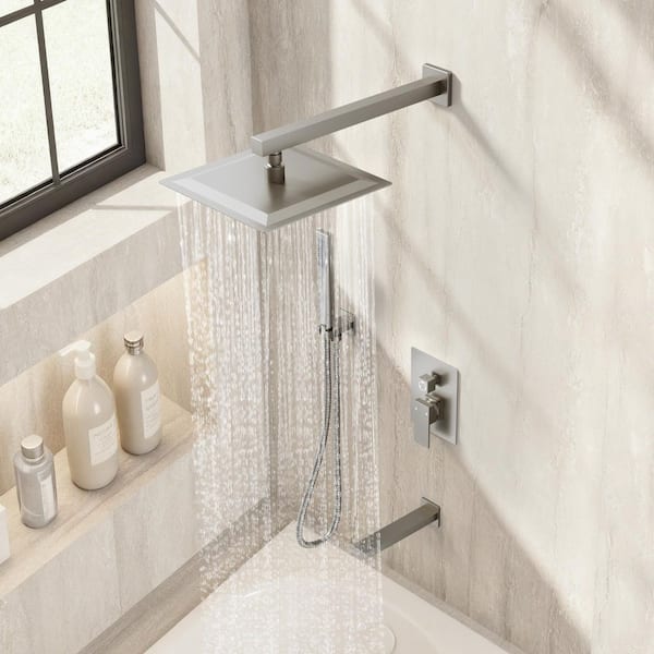 Double Handles 3-Spray 10 in. Wall Mount Shower Head Tub and Shower Faucet in Brushed Nickel (Valve Included)