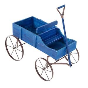 Small Blue Wooden Wagon Planter Box, Garden Decor