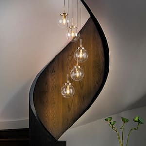 5-Light Antique Gold Pendant Light Chandelier With Clear Globe Bubble Glass Linear for Staircase