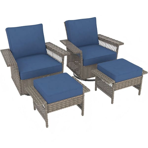 4-Piece Patio Wicker Rocking Chairs and Footstools with Blue Cushions, Suitable for Indoor and Outdoor