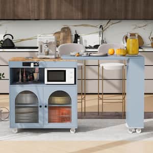 Gray Blue Rubberwood Extended Table 56.29 in. Kitchen Island Cart with Storage Compartment and 3 Side Open Shelves