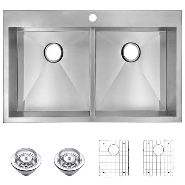 Water Creation Drop-In Zero Radius Stainless Steel 33 in. 1-Hole Double Bowl Kitchen Sink with Strainer and Grid in Satin