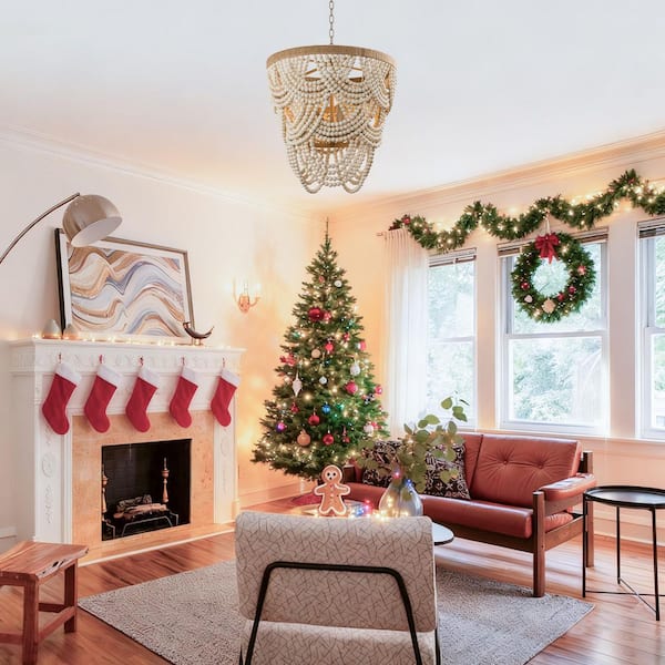 Modern Boho Dining Room Chandelier 4-Light Distressed White Island Chandelier with Wood Beads and Rope