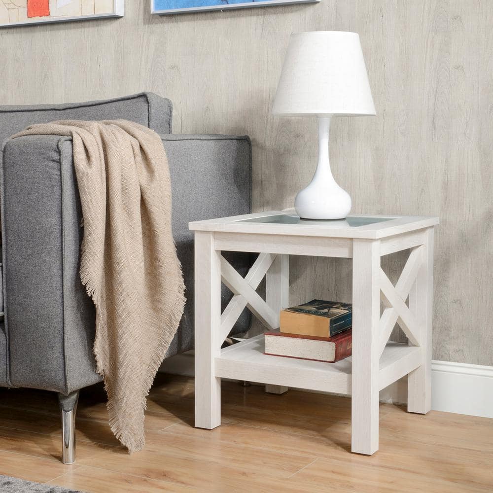White Oak Wood and Glass End Table with Storage Shelf