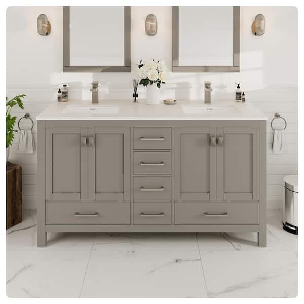 Eviva London 60 in. Double Sink Gray Bath Vanity with White Carrara Quartz Top (Assembled)