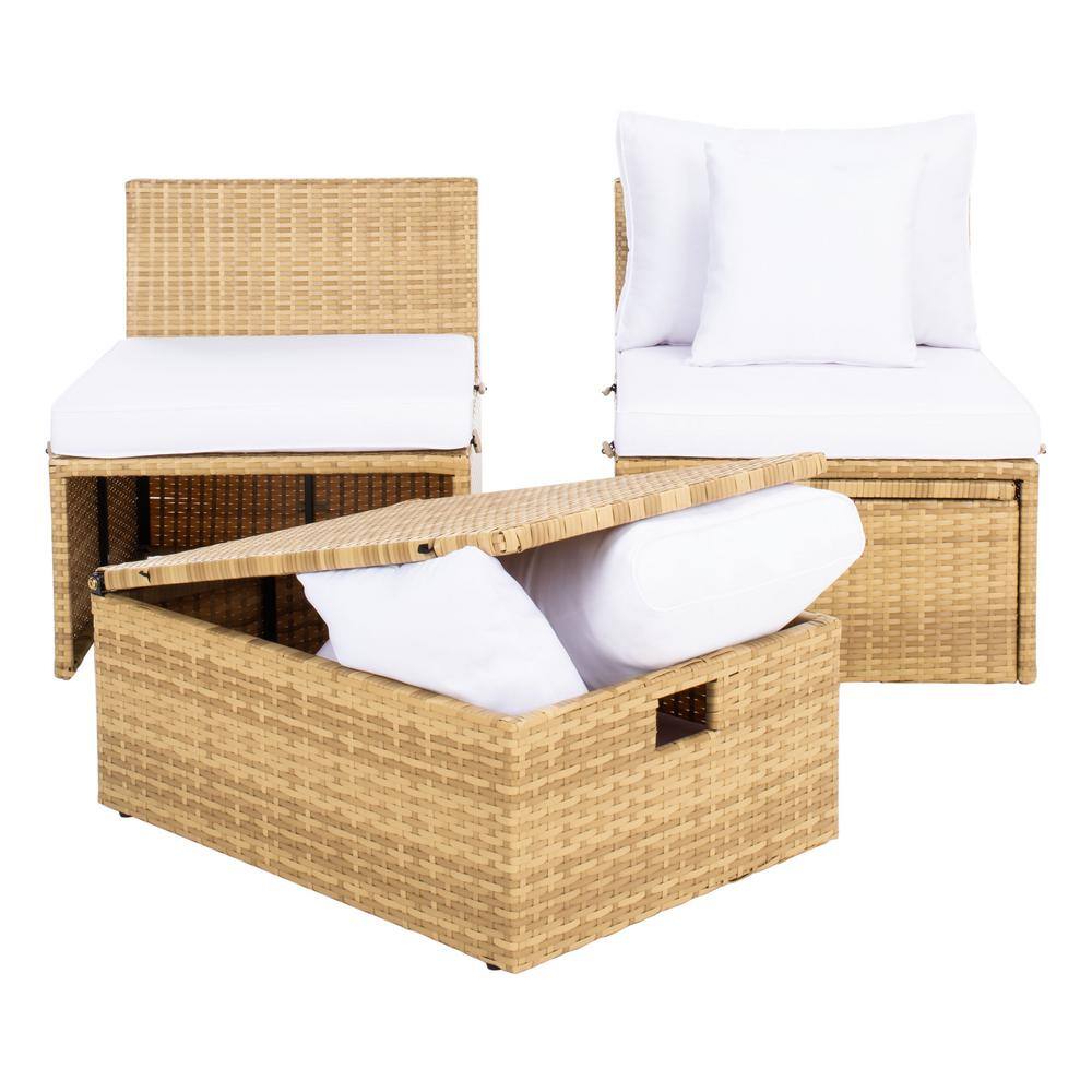 Pramla 3-Person Natural Brown Eucalyptus Outdoor Settee with White Cushions