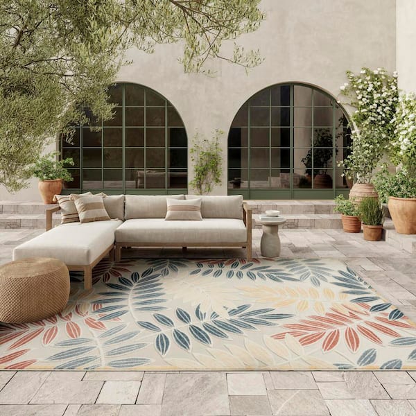Aloha Ivory Blue 9 ft. x 12 ft. Botanical Contemporary Area Rug