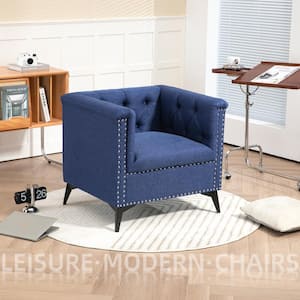 Mid-Century Navy Blue Linen Fabric Comfy Accent Arm Chair with Nailheads and Solid Wood Legs