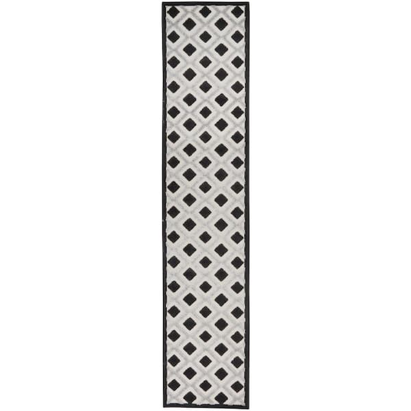 Aloha Black White 2 ft. x 10 ft. Kitchen Runner Geometric Contemporary Indoor/Outdoor Patio Area Rug