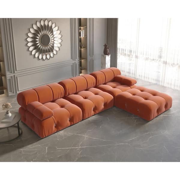 J&E Home 103.8 in. Square Arm Velvet 4-Piece L Shaped Modular Free Combination Sectional Sofa with Ottoman in. Orange