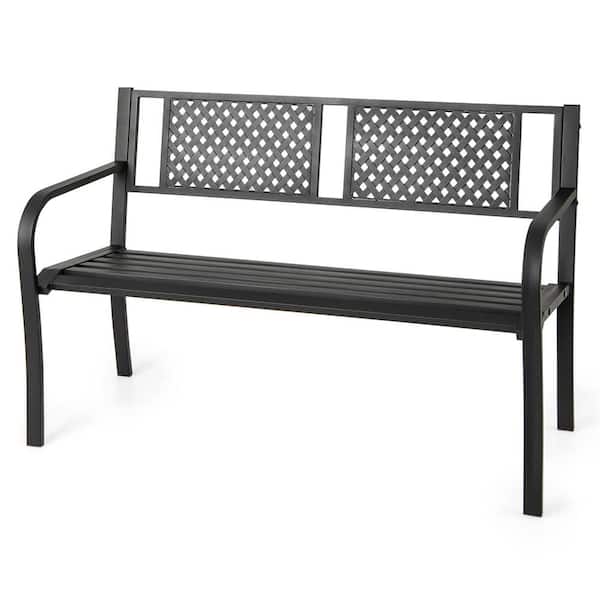 Patio Metal Bench Garden Bench with Backrest Curved Armrests Slatted Seat for 2-3 Persons