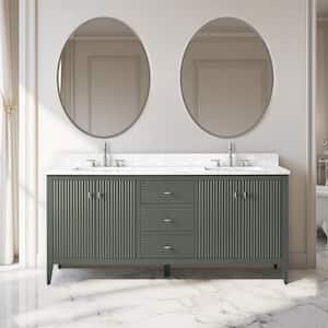 72 in. W x 22 in D x 38 in. H Double Sink Bath Vanity Cabinet in Linear Vintage Green with White Engineered Marble Top