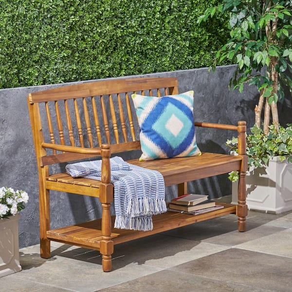51 in. W 2-Person Teak Finish Acacia Wood Outdoor Bench with Back, Supports 550 lbs